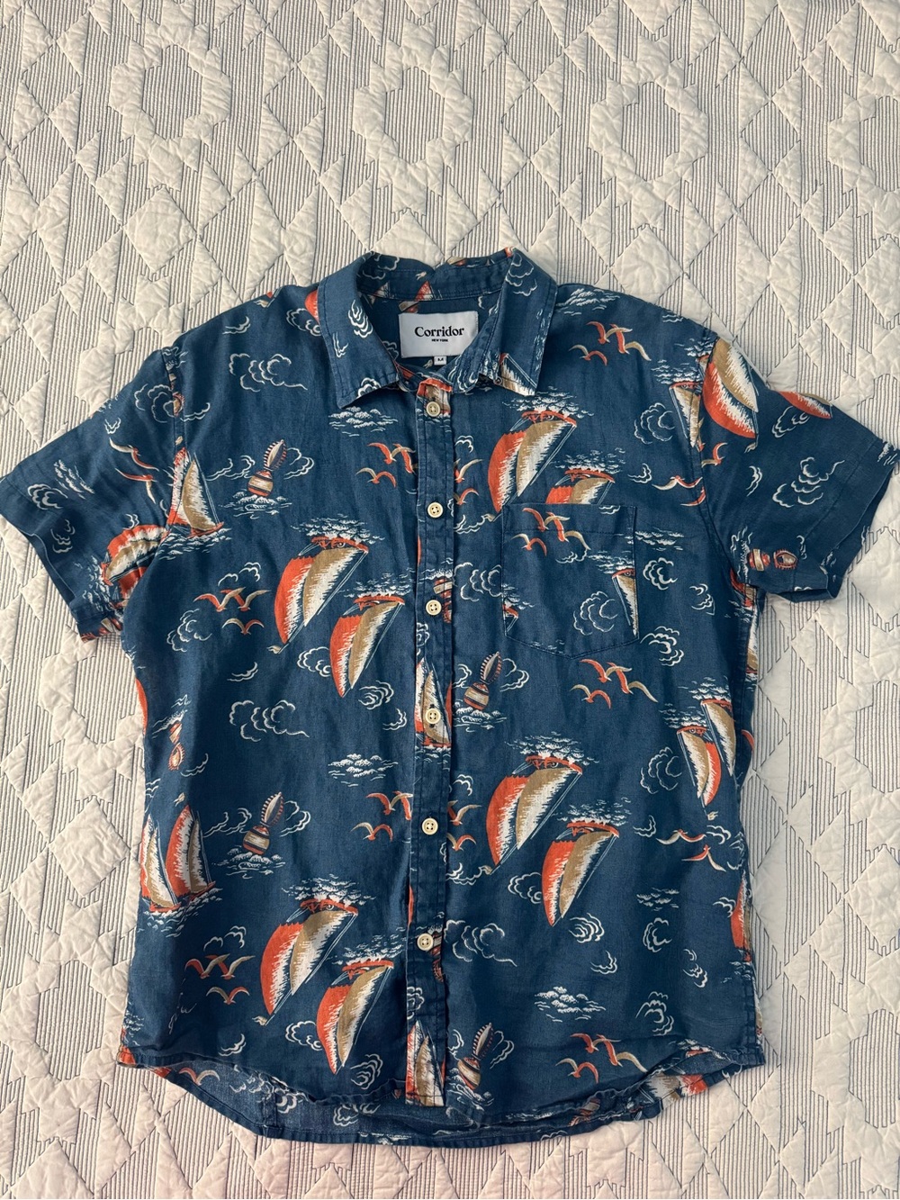 Corridor Blue Hawaiian Short-Sleeve Sailboat Print Linen Shirt